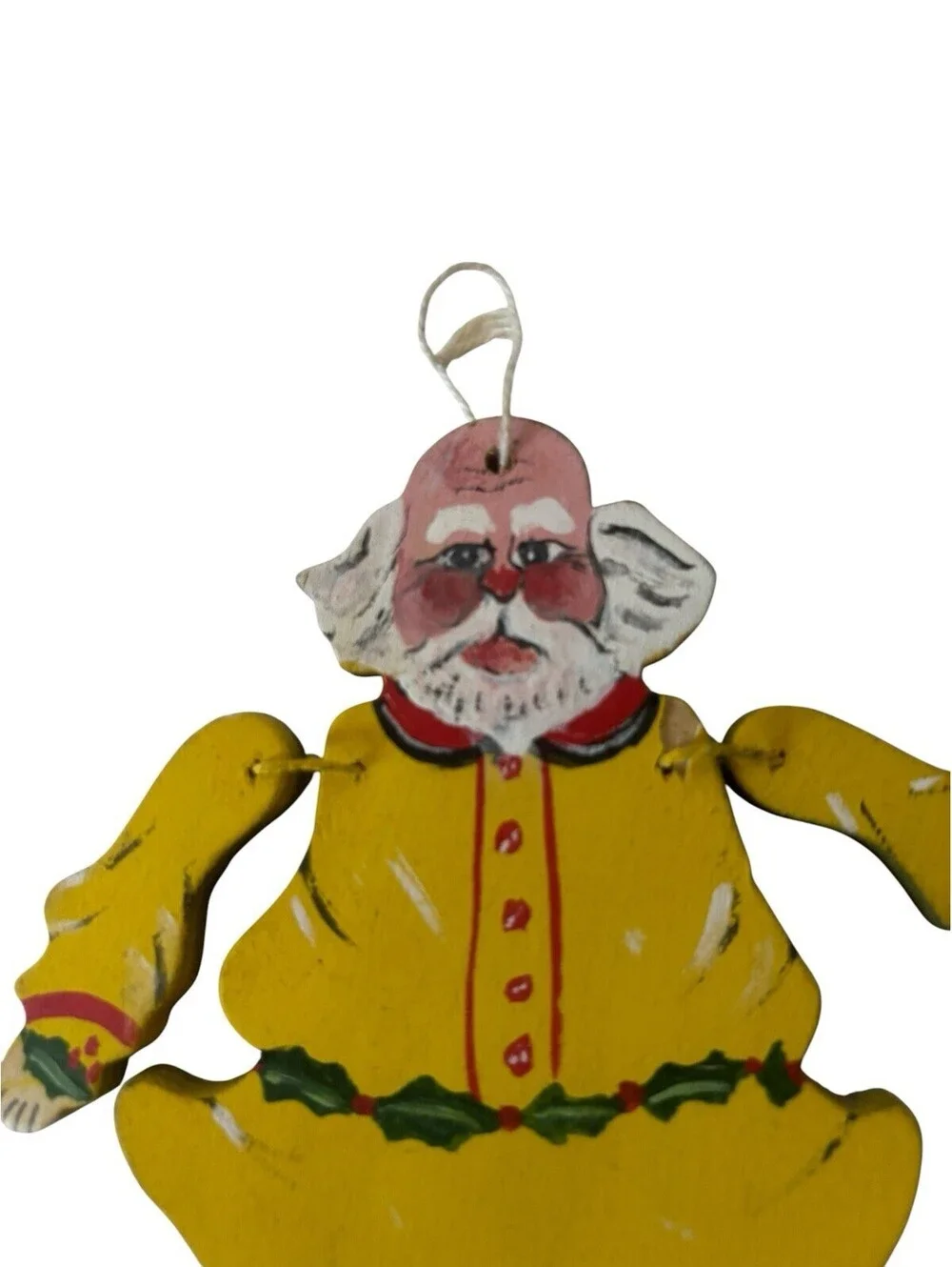Vintage Wooden Santa Christmas Ornament Hand Painted Jointed Yellow Signed 5”